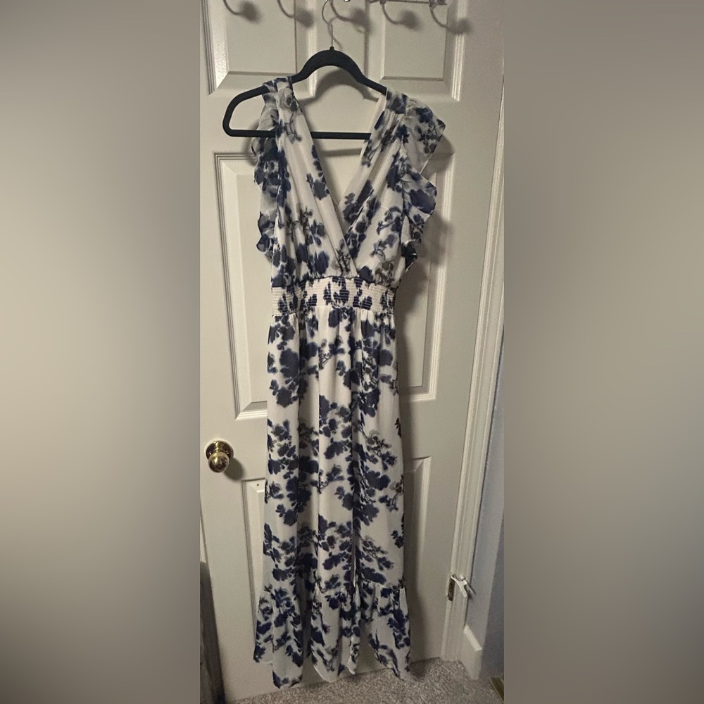 Express White and Blue Sleeveless Dress with flutter sleeves